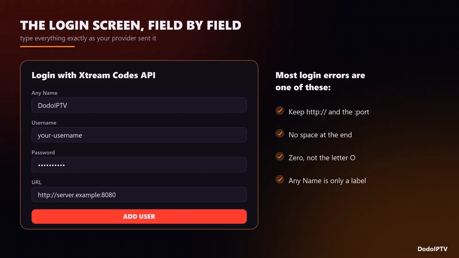 IPTV Smarters Pro login screen: any name, username, password and server URL fields