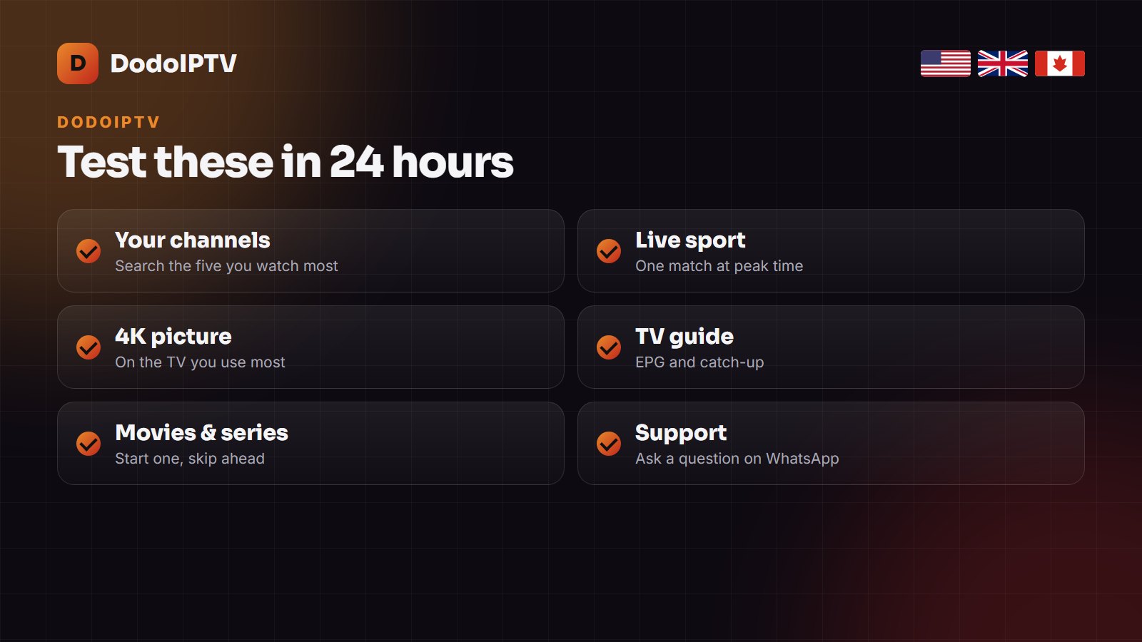 What to test during the DodoIPTV free trial: your channels, live sport, 4K, TV guide, VOD, support